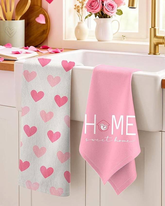 Miss Adola Valentine Day Kitchen Towels Set of 2 - Flour Sack Tea Towels with Hanging Loop 18x26 Inch Home Sweet Home Hand Dish Cloths Pink Hearts Absorbent Reusable Dishcloths Cute Valentine Decor