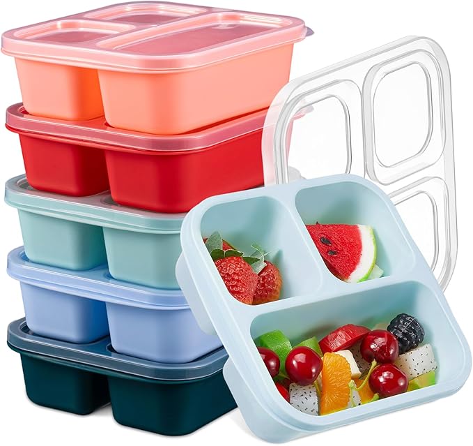 Honeydak 5 Pack Snack Containers 3 Compartment Bento Snack Boxes Divided Meal Prep Containers with Lids Reusable Adults Lunch Food Storage Box for School Work Travel(Melon)
