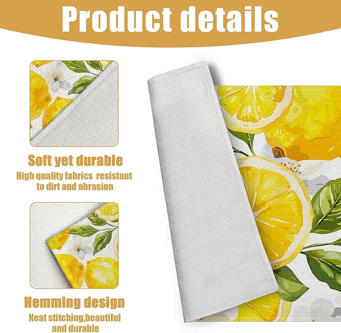 Watercolor Lemon White Flower Placemats Set of 6, Linen Place Mat Washable Stain Resistant Table Mats for Farmhouse Kitchen Dining Party Wedding Decor 12x18 Inch