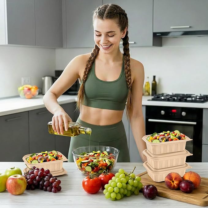 100 Piece (50 Pack) Food Containers with Lids, 22 oz Meal Prep Containers Reusable Cornstarch Plant-based Lunch Box BPA Free Small Plastic Disposable Take Out Boxes for Salad Microwave & Freezer Safe