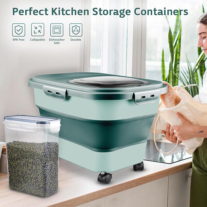 Komzon Rice Storage Containers, Collapsible 20 to 30Lbs Food Storage Bin Dispenser with Rolling Wheel and Clear Airtight Lid, BPA Free Flour, Sugar, Cereal and Dog Cat Pet food Containers