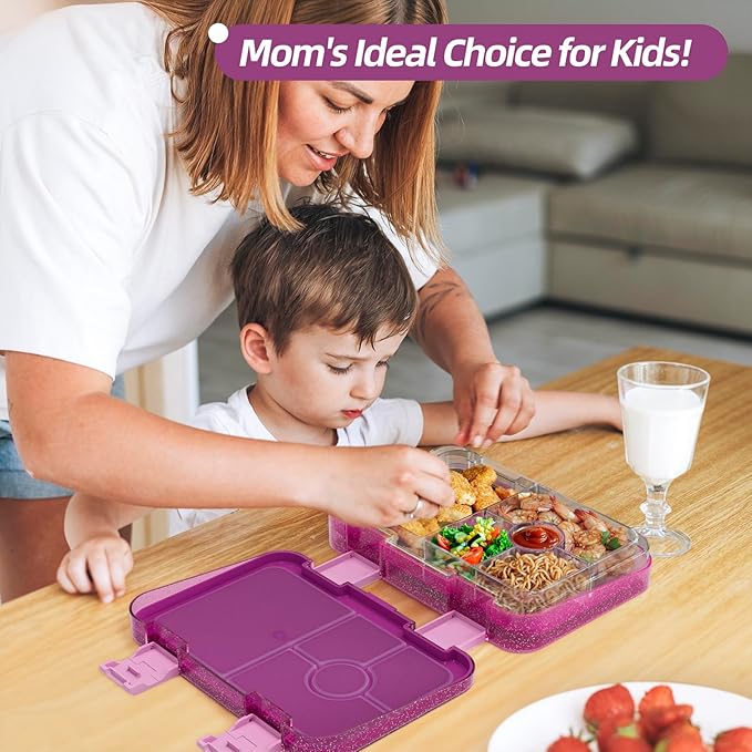 Bento Lunch Box for Kids, Plastic Lunch Box Case 5/6 Tritan Compartments, BPA free, Ideal Portion Sizes for On-the-Go Meal, Shiny Rose and Clear