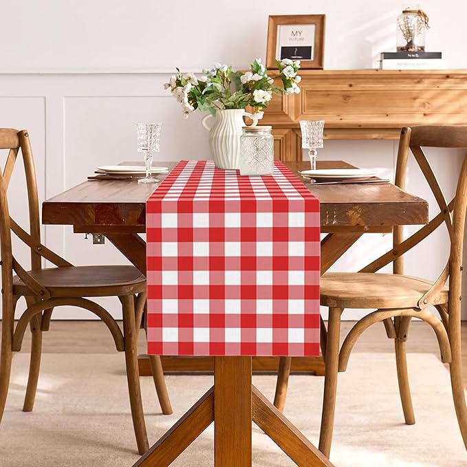 Italian Red and White Gingham Table Runner Checkered Baby Shower Party Decoration Christmas BBQ Picnic Home Kitchen Island Decor (Red, 13" x 108")