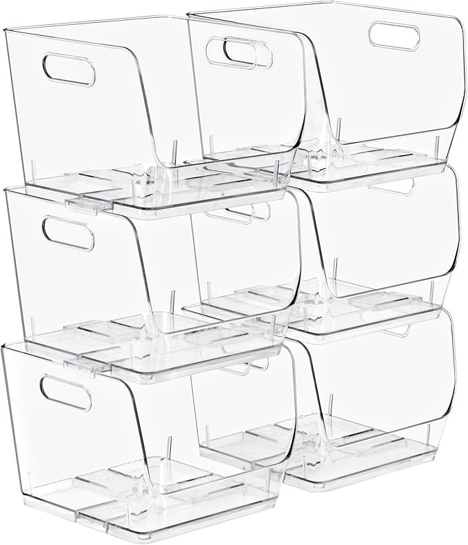 Sorbus Stackable Storage Bins Open Front, Clear Stackable Storage Bins, Pantry Bins for Storage and Organization, Acrylic Stackable Bins for Kitchen, Clear Pantry Organizer Bins (Medium Square 6 Pack)