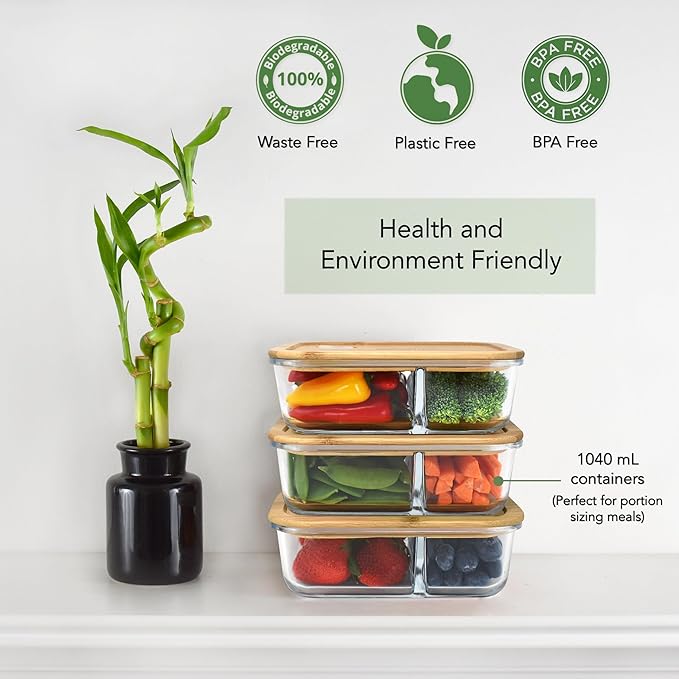 EcoPreps Glass Meal Prep Containers with Bamboo Lids, 2 Compartment Glass Bento Box Container Set (3 Pack) | 100% Plastic Free, Eco-Friendly, Lunch Containers with Lids Made of Bamboo - Set of 3