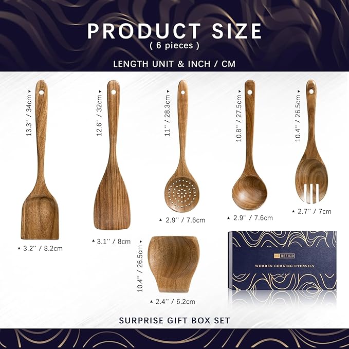 Wooden Spoons for Cooking, Nonstick Cooking Utensil Set with 5 Piece Acacia Wooden Spatulas and Spoons, as well as a Extra Whole Wood Spoon Rest, Terrific for Everyday Kitchen Tasks