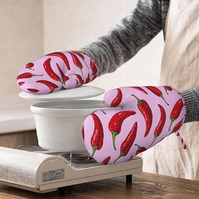 Peppers Silicone Oven Mitts Set of 2, Heat Resistant up to 500°F, Kitchen Oven Gloves with Non-Slip Grip and Soft Cotton Lining for Baking, Cooking and BBQ