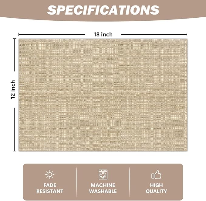 Cream Beige Linen Placemats Set of 4, Cloth Waterproof Washable Heat Resistant Place Mats 12x18 Inch, Table Mat for Outdoor Indoor Home Kitchen Party Dining Decoration-07