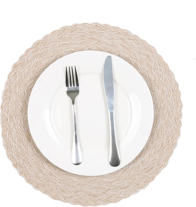 SHACOS Round Braided Placemats 15 inch Set of 6 Thick Boho Kitchen Table Placemats for Home Wedding Party (T-Beige, 6)