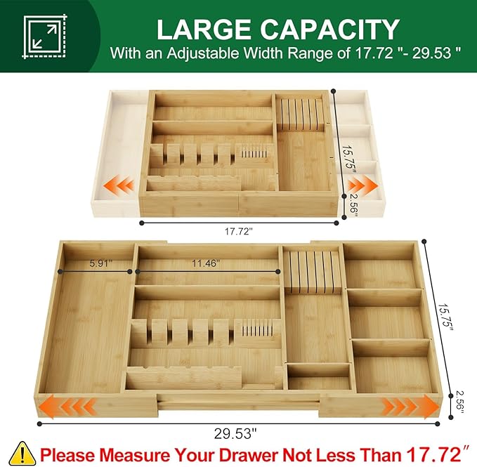 Bamboo Silverware Drawer Organizer, 17.7-29.5 Inch Expandable Large Kitchen Drawer Organizer, 5-8 Slot Flatware with Removable Card Slots & Knife Block for Spoon Butter Knive, Natural