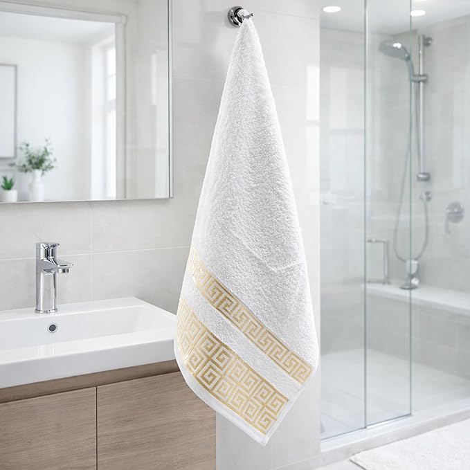 Luxury 4 Piece Hand Towel Set with Greek Key Design - 100% Cotton Soft & Absorbent Bathroom 19x35 in Large Towels - Quick Dry White Hand Towels for Spa, Hotel & Home Use BB2