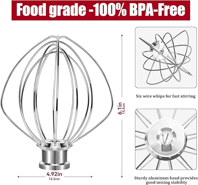 K45WW 6-Wire Whip Attachment Fits KitchenAid Tilt Head Stand Mixer - Egg Heavy Cream Beater, Cakes Mayonnaise Whisk for Kitchen Aid Mixer Accessory Replacement Parts