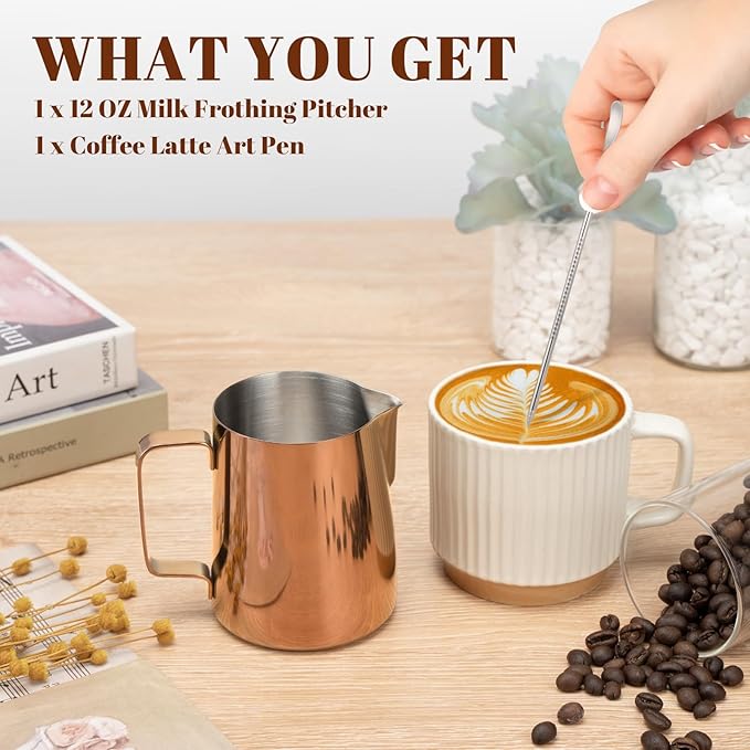 Amrules Milk Frothing Pitcher, 12 oz Milk Frother Cup with Clear Scale, 304 Stainless Steel Cappuccino Espresso Machine Accessories for Barista Coffee Bar with Latte Art Pen, Rose Gold