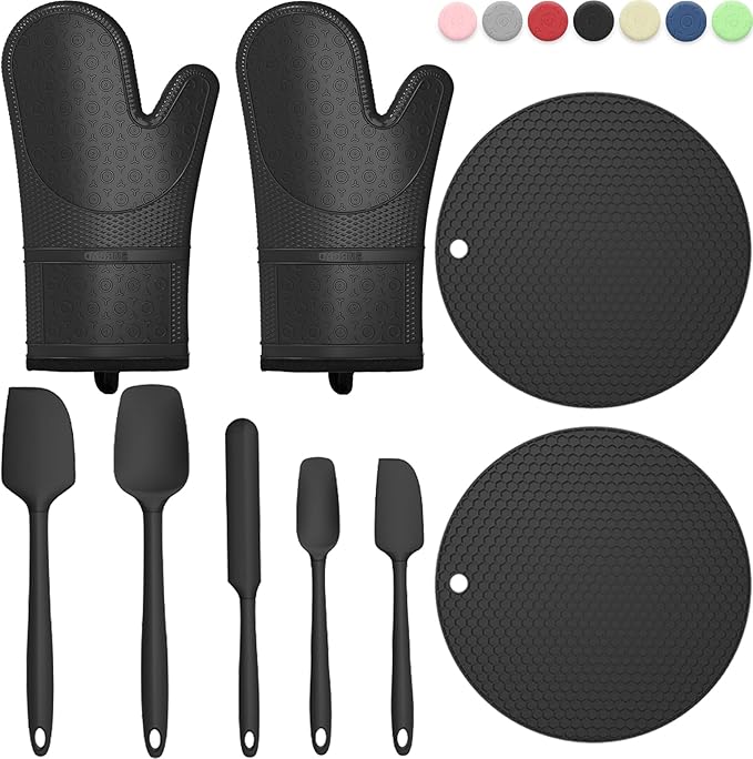 Oven Mitts with Heat-Resistant Hot Pads and Five Silicone Spatulas Designed for Kitchen Baking Cooking, Oven Glove Soft Cotton Lining, Waterproof, BPA-Free (Black)