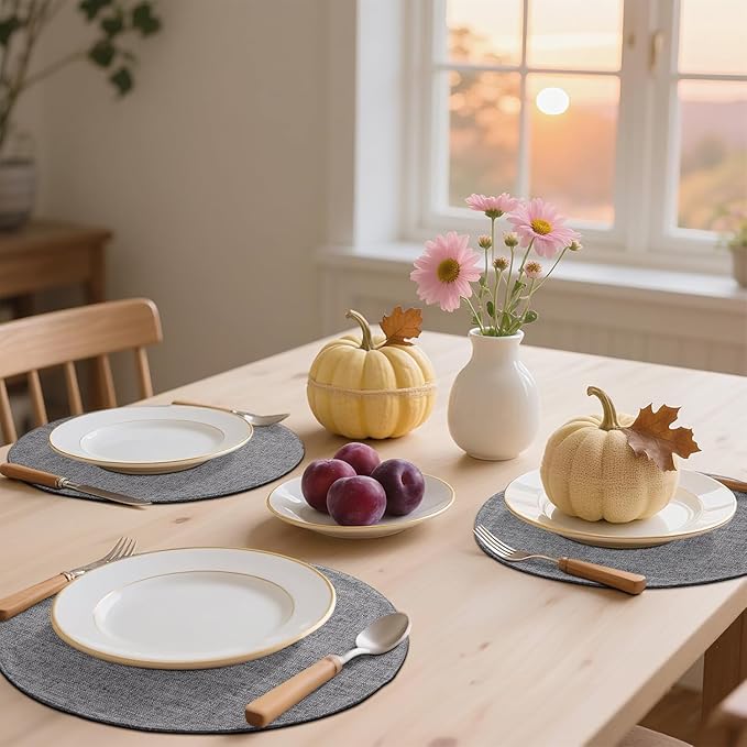 homing 15 Inch Round Cloth Placemats Set of 4, Cotton Linen Blend Washable Table Mats, Farmhouse Dining Place Mats for Indoors & Outdoors, Easy to Clean, Dark Grey