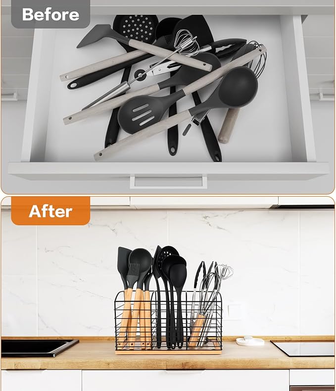 Large Utensil Holder for Kitchen Counter - 11.8"x 6.7"x 4.7", 3 Compartments Aesthetic Design, Kitchen Utensil Holder Utensil Organizer (Metal+Bamboo)