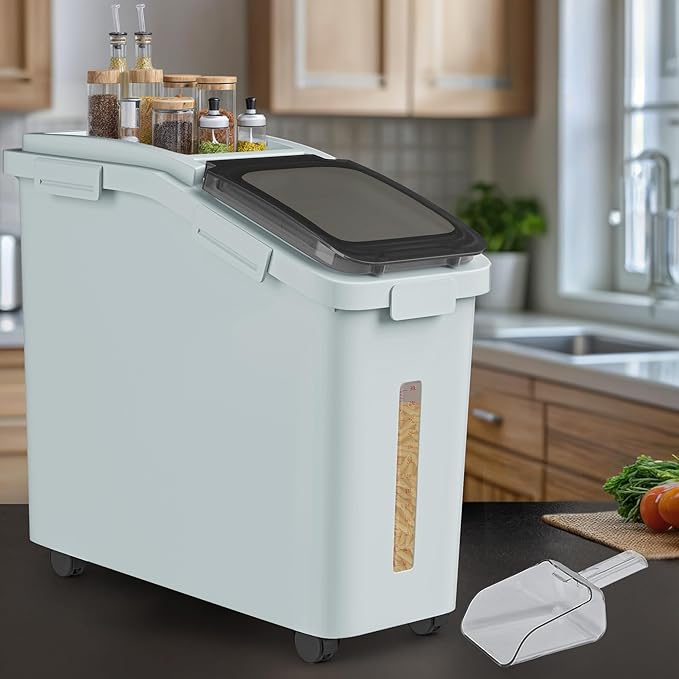 YITAHOME Large Flour & Rice Food Storage Bins, 11.4-Gallon with Wheels, Scoop and Airtight Lid for Bulk Cereal Grain, Sugar - Gray