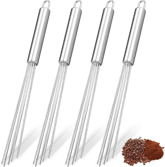 Baderke 4 Pcs Espresso Whisk 11.5 Inch Long Handle Barista Whisk 10 Needles 2 mm Stainless Steel Coffee Stirrer Tool Efficient Mixing Time Saving Reduction Clumping Ideal for Commercial Home