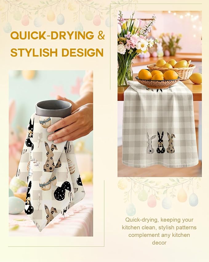 Miss Adola 2pcs Easter Kitchen Towels - Flour Sack Tea Towels Set of 2 with Hanging Loop 18x26 Inch Spring Bunny Eggs Beige Checkered Hand Dish Cloths Reusable Dishcloths Cute Easter Decor