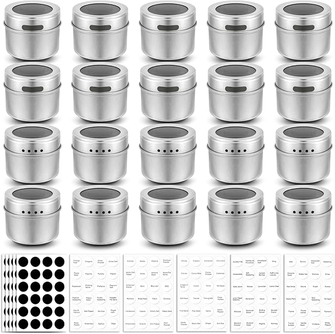 Bekith 20 Pack Magnetic Spice Jars, Magnetic Spice Containers for Refrigerator, Seasoning Tins with Clear Top Lid, 240 PVC Spice Label Set