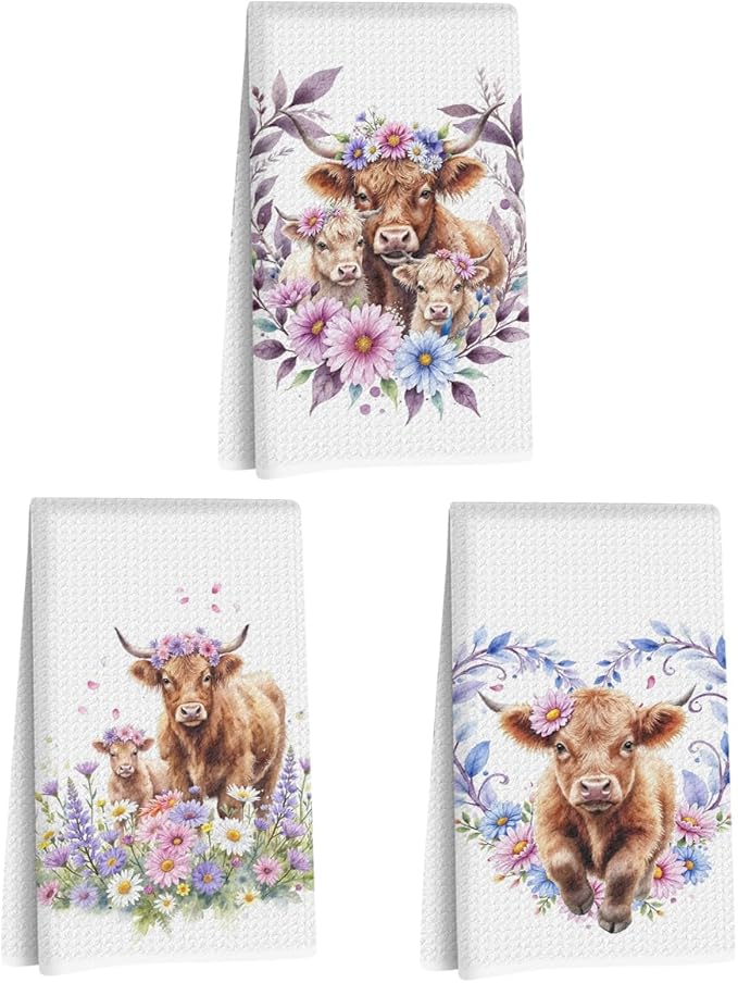 3 Pcs Cow Kitchen Towels, Colorful Flower Soft Absorbent Hand Tea Towel, Microfiber Dish Cloths for Drying Dishes, Waffle Dish Towels for Kitchen Farmhouse Decor, Cow Gifts for Women Mom