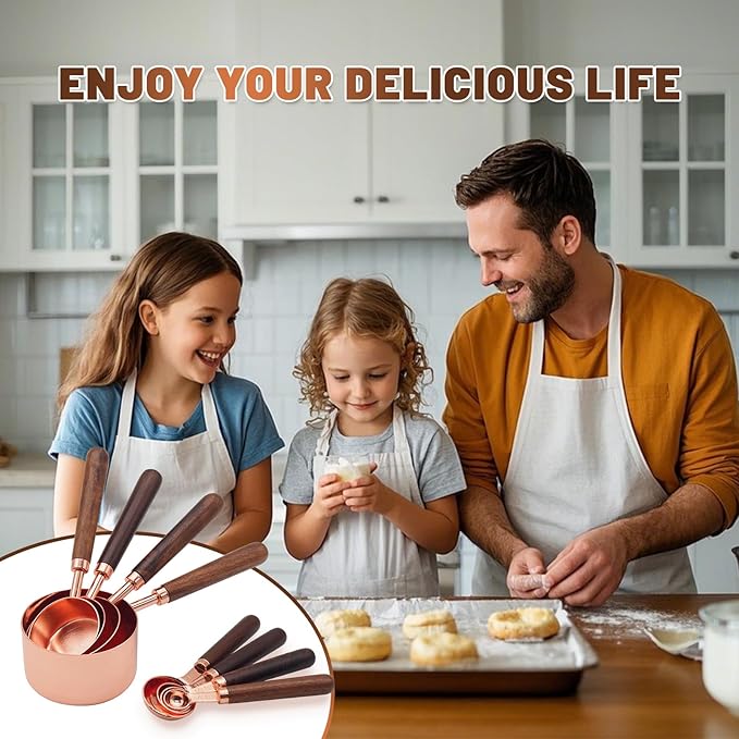 Premium Measuring Cups and Spoons Set with Wood Handle, 8-Pieces Stainless Steel Nesting Kitchen Measuring Set for Baking, Cooking, Coffee with Ergonomic Grip & Engraved Markings (Rose Gold8)