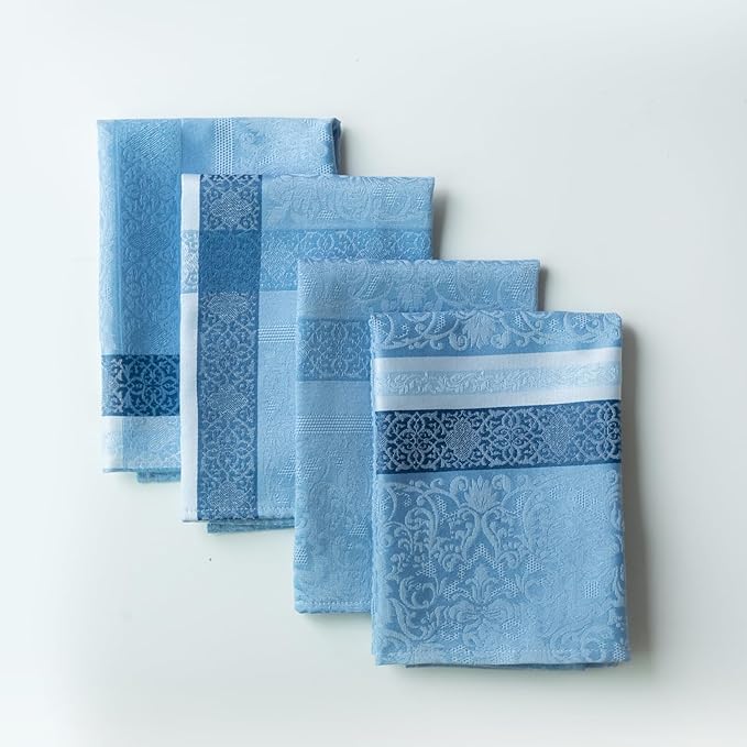 Benson Mills Ravenna Yarn Dyed Jacquard Heavyweight Fabric Cloth Napkins, for Everyday, Parties, Weddings, Holiday, Spring, Summer, and Easter Tablecloths (18" x 18" Napkins Set of 4, Blue)