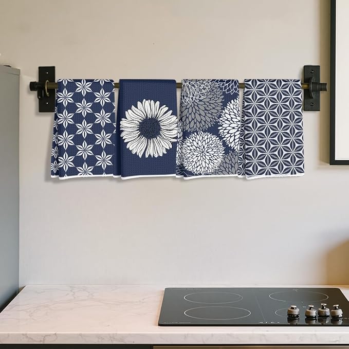 4 Pcs Blue Flower Artistic Kitchen Towels, Blue Flower Absorbent Tea Hand Towel, Microfiber Dish Cloths for Drying Dishes, Waffle Dish Towels for Kitchen Bathroom, Housewarming Gifts