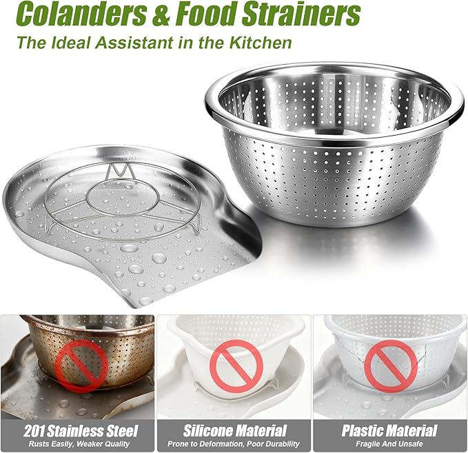 Palksky Stainless Steel Colander Set with Self-Draining Base, 3 Sizes Colanders & Food Strainers for Pasta, Rice, Fruits & Veggies, Metal Colander with Draining Plate for Sink or Countertop