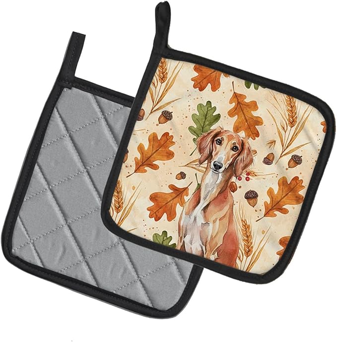 Caroline's Treasures Red Saluki Heirloom Fall Pair of Pot Holders Pair 7.5x7.5 Quilted Insulated Hot Pads Decorative Kitchen Gift Made in USA