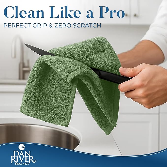 DAN RIVER Kitchen Bar Mops,Pack of 12,16 by 19 Inches,100% Cotton Super Absorbent,Multi-Purpose Cleaning Towels for Home and Kitchen Bars-Sage Green