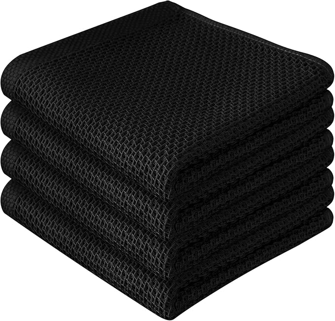 100% Cotton Waffle Weave Kitchen Towels, 4 Pack Dish Cloths for Washing Dishes, Ultra Soft Absorbent Dish Towels, Quick Drying Kitchen Rags, 13 x 28 Inches, Black