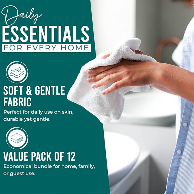 DAN RIVER 12 Pack Wash Cloths for Showering [12x12] - 100% Cotton Washcloths Premium Quality Flannel Face Cloths for Bathroom, Highly Absorbent and Soft Feel Wash Clothes, Teal