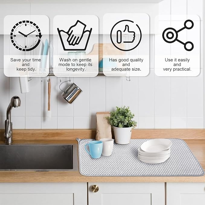 3 Pcs XXL Dish Drying Mat,Absorbent Microfiber Dishes Drainer Mats,Large Size 24×17" Pads for Kitchen Counter,Coffee,Rack,Under Sink,Light Gray