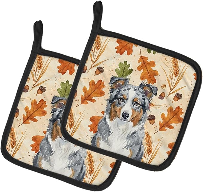 Caroline's Treasures Blue Merle American Shepherd Heirloom Fall Pair of Pot Holders Pair 7.5x7.5 Quilted Insulated Hot Pads Decorative Kitchen Gift Made in USA