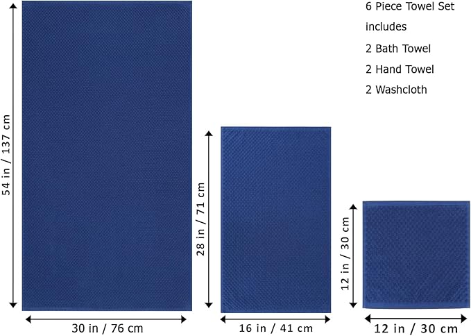 COTTON CRAFT Waffle 6 Piece Towel Set - 100% Cotton - 2 Oversized Luxury Euro Spa Waffle Weave Large Bath Towels, 2 Hand Towels, 2 Washcloths - Absorbent Quick Dry Hotel Bathroom Shower Pool - Blue