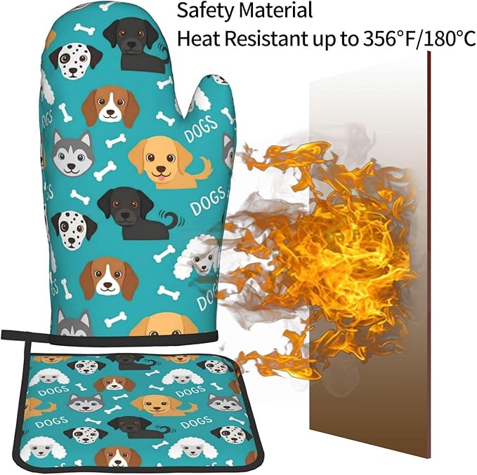 Dogs and Bone Oven Mitts and Pot Holders Green Background Heat Resistant Oven Mitts Safe for Baking Cooking BBQ