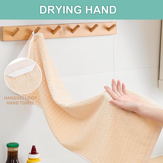 SALAS Kitchen Dish Towels, Bulk Cotton Kitchen Hand Towels, 390 GMS Plaid Dish Cloths Rags for Drying Dishes with Hanging Loop, 16‘’ x 26‘’, 4 Packs, Beige