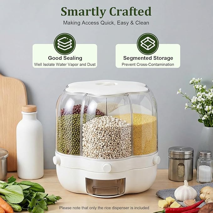 Rice Dispenser, 6 Grid 360° Rotating Rice Container Cereal Dispenser with Lid, Grain Storage Organizer Cereal Holder for Kitchen Countertop Dry Food, White, 8kg/18lbs