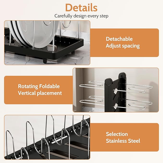 CEHNCEH Foldable Pots and Pans Organizer Under Cabinet 28.5" L x 9.1" W x 9.9" H Expanded, Folds Flat Adjustable 8-Tier Stainless Steel Dividers Kitchen Cabinet Cookware Baking Frying Rack (Black)