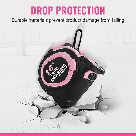 WORKPRO 16-FT Tape Measure with Fractions, 3 Brakes Retractable Measuring Tape, Compact Measurement Tape with Magnetic Hook, Nylon Coating Blade Accuracy 1/32”, Pink