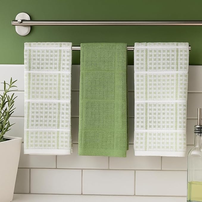 Sage Green Kitchen Dish Towels – Set of 3 100% Cotton Cloth Soft Cleaning Drying Absorbent Textured Waffle & Checkered Weave – Oversized 28" x 18" Multipurpose Towels for Everyday Use