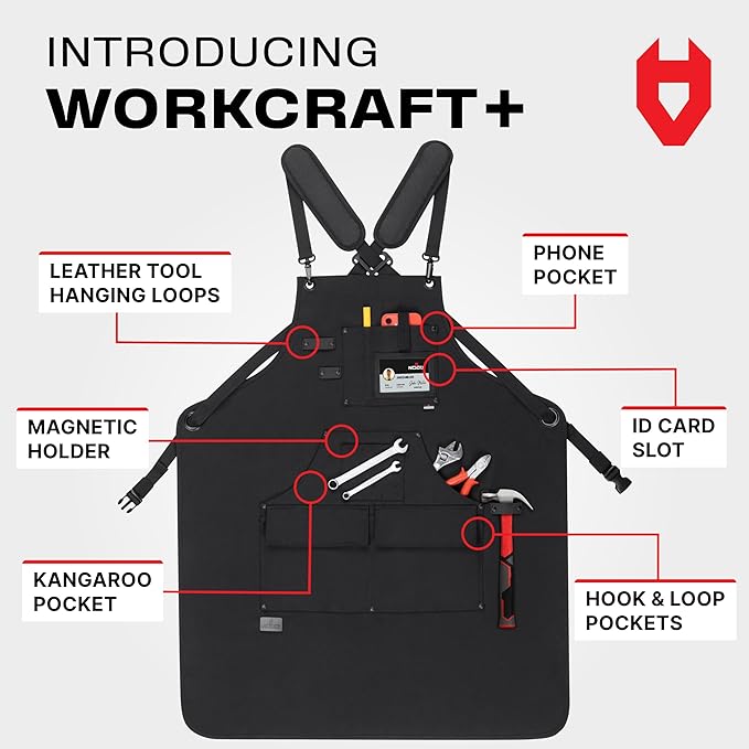 NoCry Woodworking Apron for Men — Reinforced Pockets with Metal Rivets, Magnetic Holder & Leather Tool Loops — Shop Aprons for Men with Cross-Back Straps, Non-Slip Shoulder Pads & Quick-Release Buckle