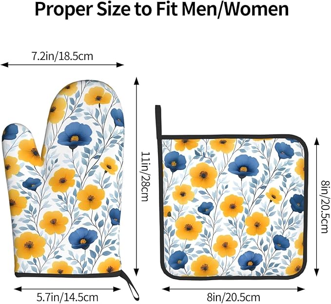 Yellow Blue Floral Oven Mitts & Pot Holders Sets of 3, Boho Blue and Yellow Flowers Heat Resistant Kitchen Hot Pads and Mitts for Cooking Baking Grilling, Gift for Floral - Loving Women, Home Decor