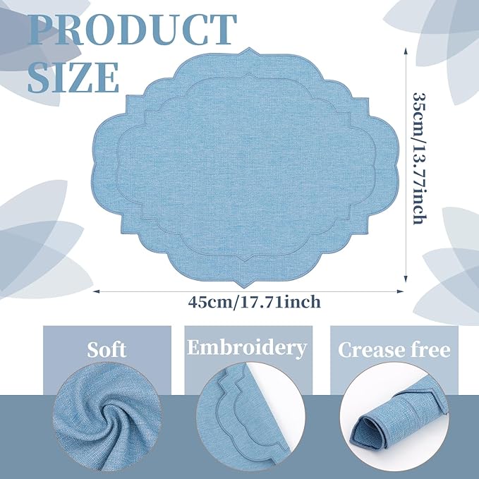 Cotton Linen Oval Placemats Set of 4, HADEEONG Table Mats Cloth Placemats, Washable Wrinkle Resistance, Scalloped & Embroidered Fabric Placemats, 17.71 x 13.77inch (Sky Blue, 4)