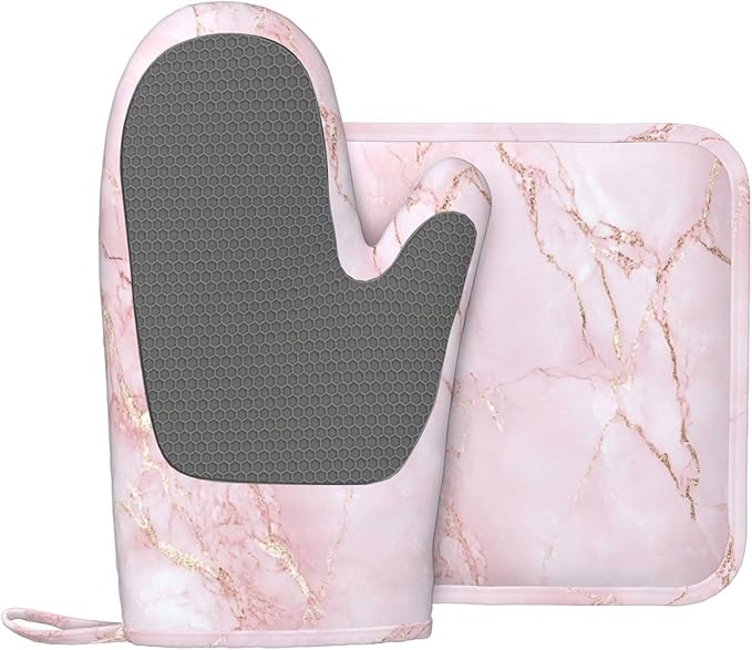 Oven Mitts and Pot Holders Light Pink Marble Art Silicone Kitchen Accessories Set of 2 Heat Resistant Long Gloves Potholder Non-Slip Grip for Chef Cooking,Baking,Grilling,BBQ