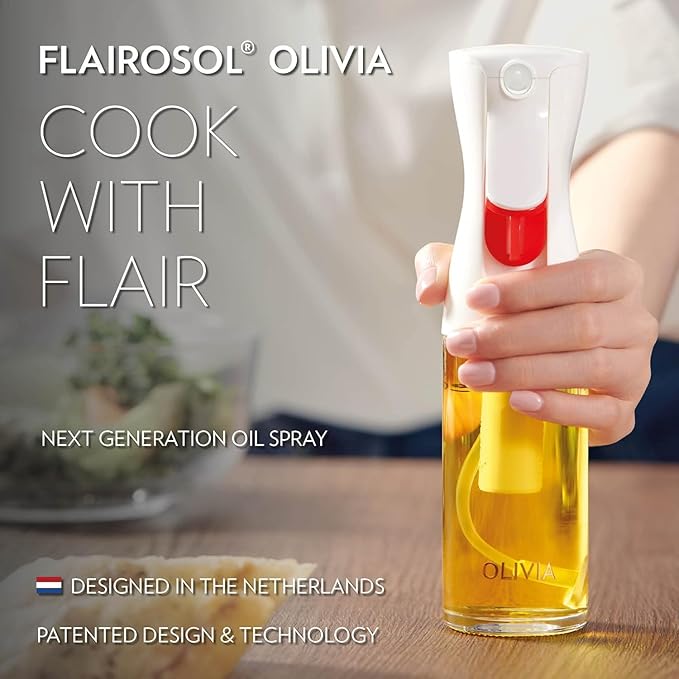 OLIVIA Signature The Original Advanced Oil Sprayer for Cooking, Salads, BBQs and More, Continuous Spray with Portion Control, Trusted by Chefs. Patented Technology. (Glass Bottle) (Gold Print)