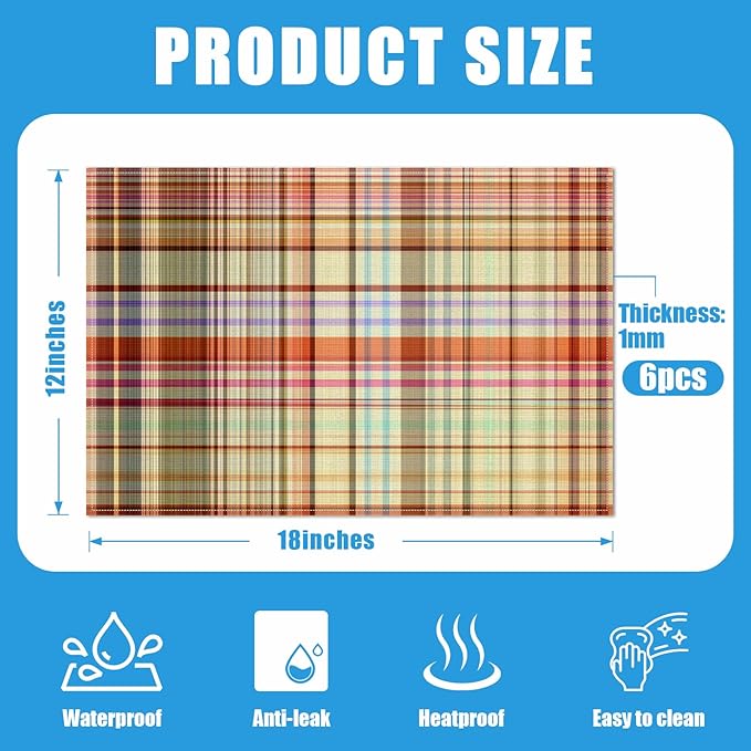Rustic Colorful Plaid Placemats Set of 6, Vintage Grid Washable Linen Place Mat Heat Resistant Non Slip Kitchen Dining Table Mats 12x18 Inch