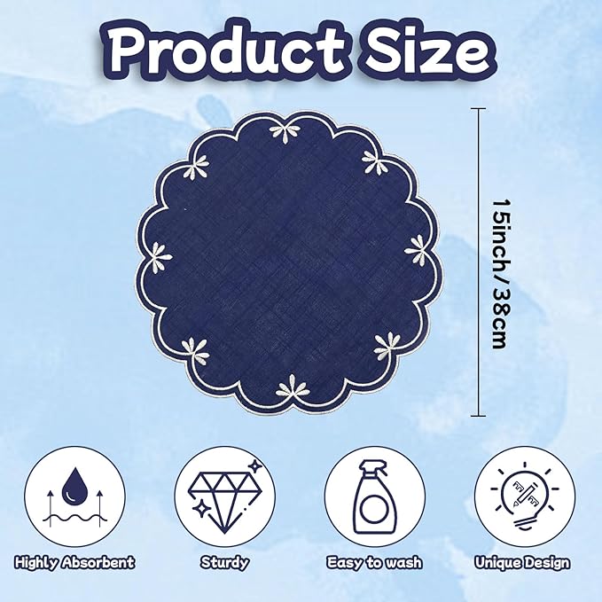 SK Studio Set of 6 Cotton Linen Placemats, 15x15 Round Scalloped Cloth Table Mats, Embroidery Double Layered Washable Dining Placemat for Hotel Restaurant Kitchen, Navy Blue