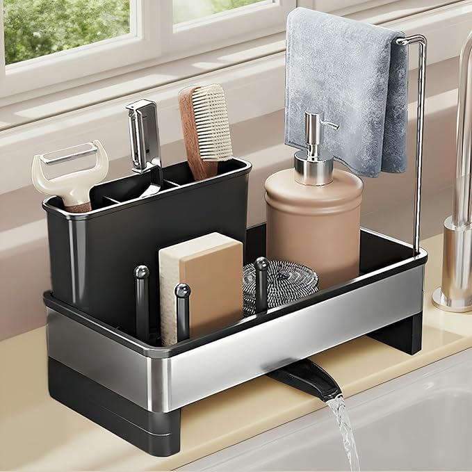 Sink Caddy, Stainless Steel Sink Caddy with Brush Holder, Kitchen Sink Caddy Dishcloth Rack and Holds Soap Dispenser, Sink Organizer Auto-Drain Rustproof Countertop Organizer (Black)